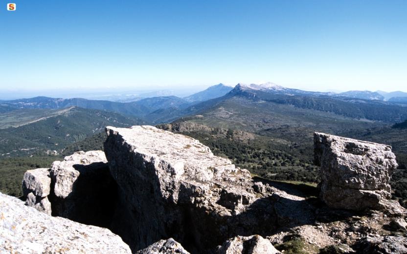 Montes, panorama dal Monte Novo San Giovanni. Da sinistra verso destra: Supramonte di Oliena, su Punta Cabaddaris, Punta Gattinarvu, Punta Lolloine e infine su Punta sa Pruna.